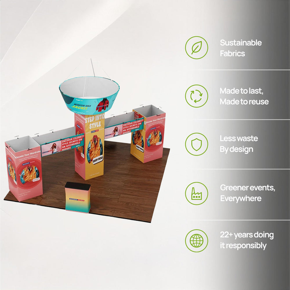 Kit de stand tour cubique 9x6m avec bannière suspendue et 2 comptoirs
