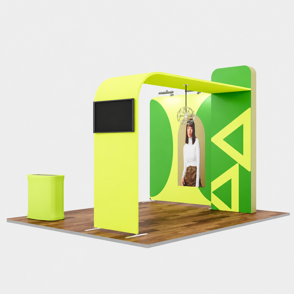 Kit d'exposition modulaire premium en L avec support TV pour stands de 3 m de large