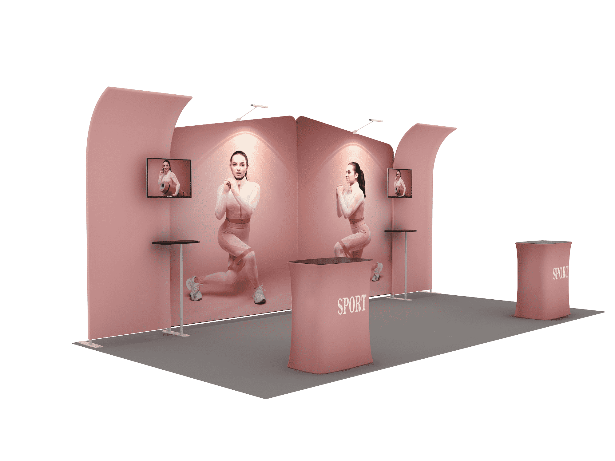 6x3m Booth Kit with Inclined & Curved Walls, 2 Counters & TVs