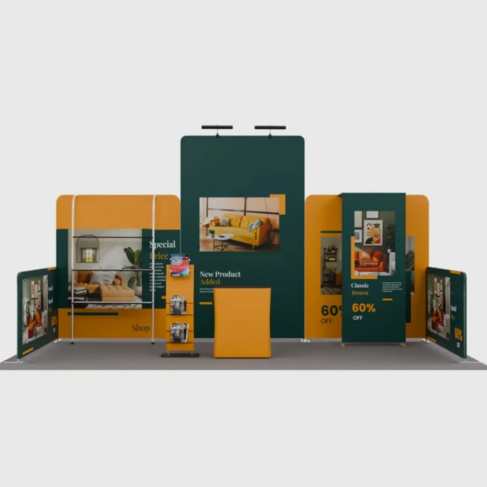 6x3m Booth Kit with Tension Walls, Shelving, Counter & iPad Stand