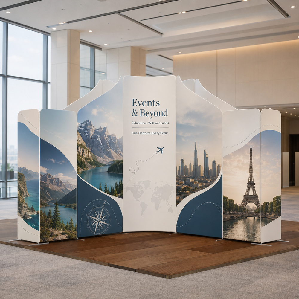 Mur de stand en tissu magnétique 5x5m avec panneaux incurvés et inclinés