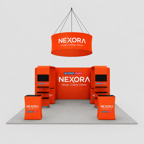 Kit de stand 6x6m avec fond 3D de 6m, étagères pour TV et 4 comptoirs