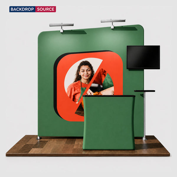 Kit de stand 3x3m avec paroi inclinée, comptoir et support TV