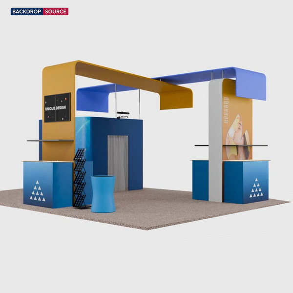 Kit de stand 6x6m avec réserve fermée, arche TV et 5 comptoirs