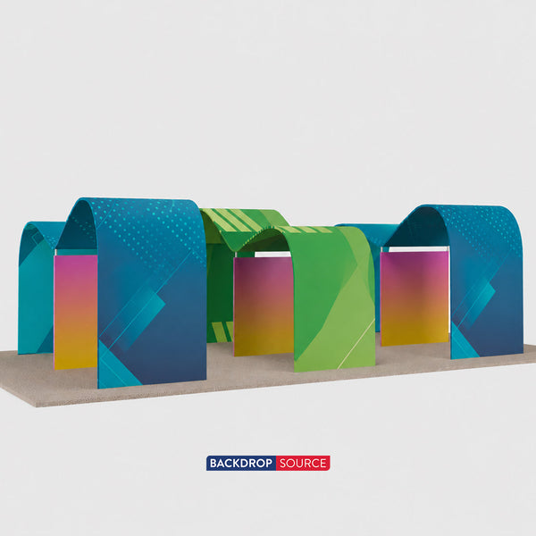 Kit de stand arche ondulée 9x6m avec supports TV et parois en tissu