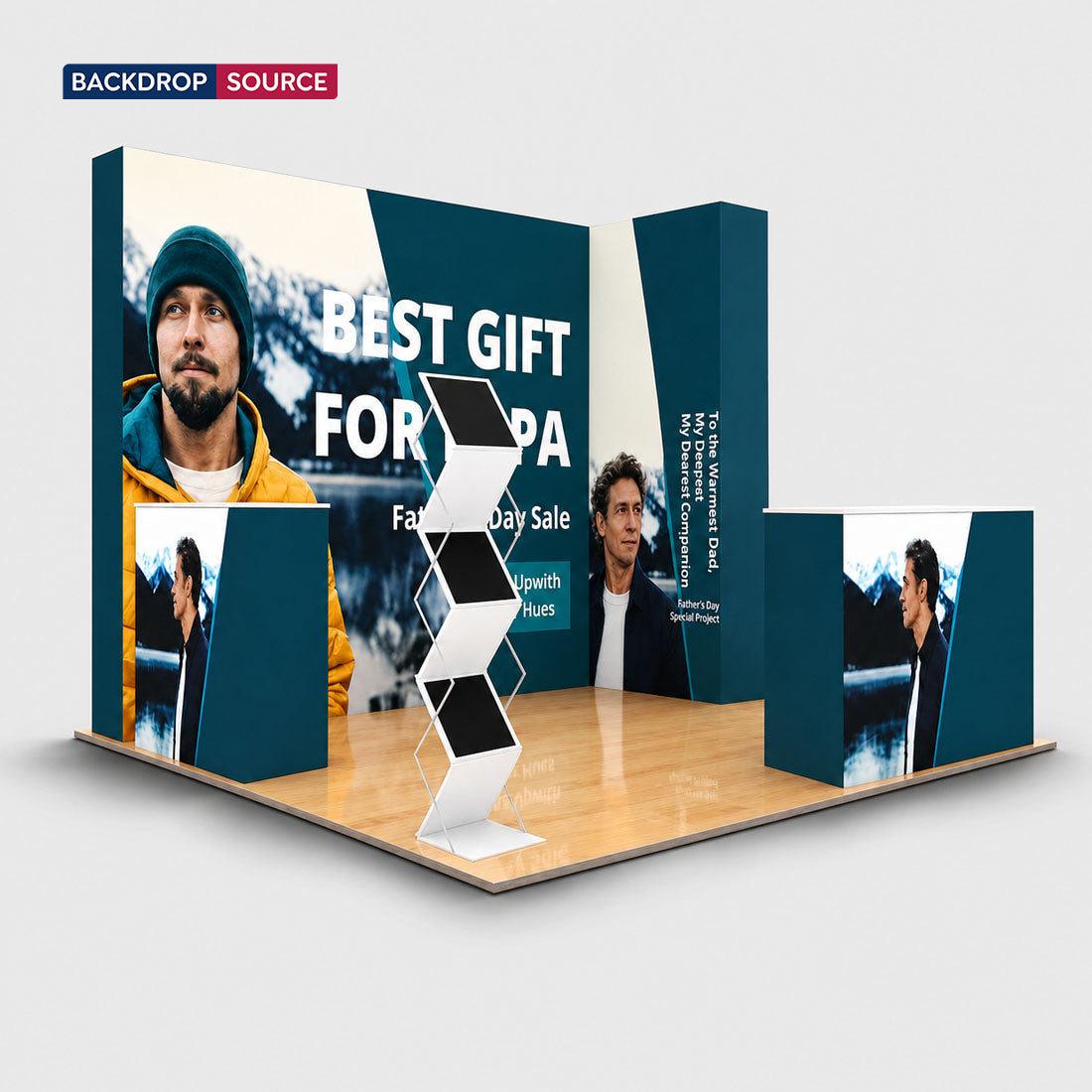 Kit de stand d'angle 3D Media Wall 3x3m avec 3 comptoirs
