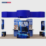 Stand îlot de 6x6 m avec panneaux muraux incurvés et étagères d'exposition
