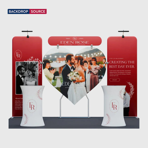 Kit de stand 3x3m avec fond en forme de cœur et 2 comptoirs ovales