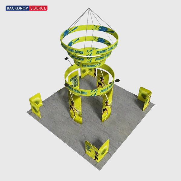 Stand îlot de 6x6 m avec photomaton 360 et enseigne suspendue à gradins