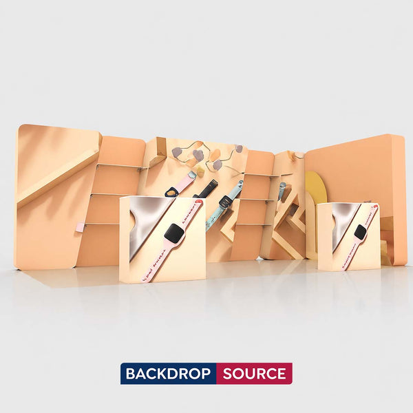 Kit de stand 3D trapézoïdal 3x6m avec étagères et 2 comptoirs