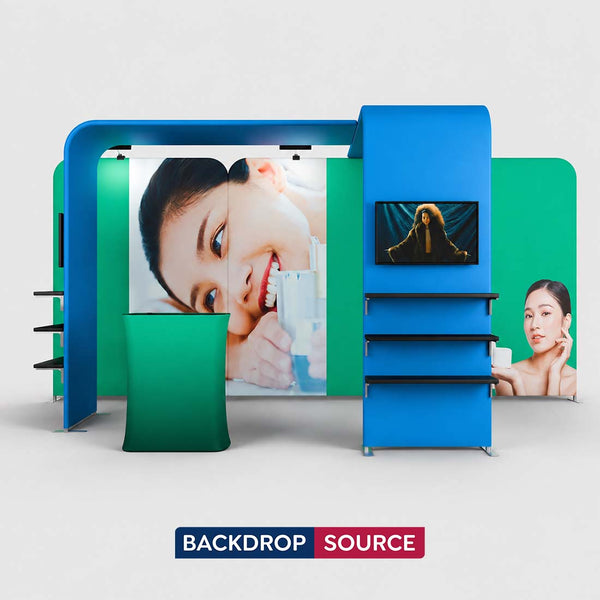 Kit de stand magnétique 3x6 m avec 2 tours présentoirs en L pour TV et comptoir