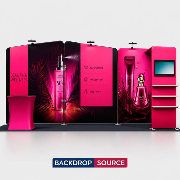 Kit de stand 3x6m avec parois inclinées, tour TV en L et comptoir