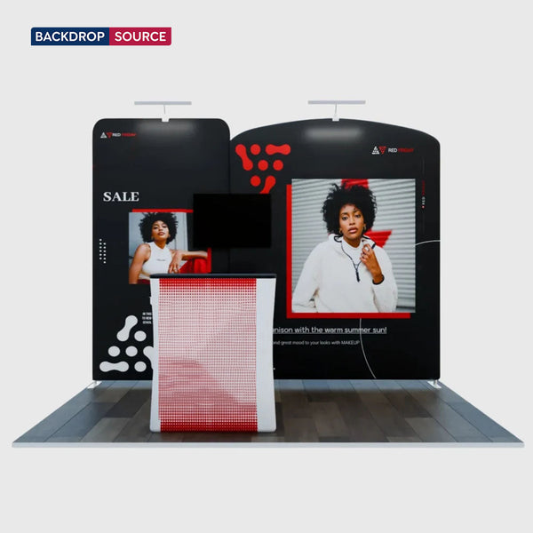 Kit de stand 3x3m avec murs droits et inclinés, comptoir et support TV