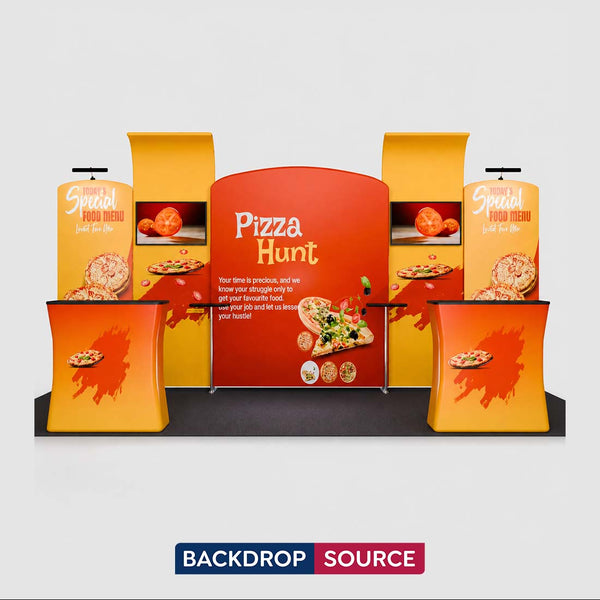 Kit de stand 3x6m avec arches inclinées, murs incurvés et 2 comptoirs