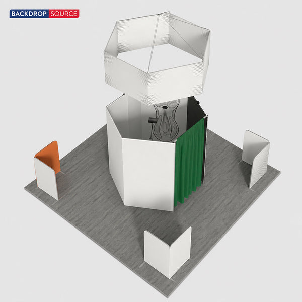 Stand îlot de 6x6m avec espace lounge hexagonal et enseigne suspendue