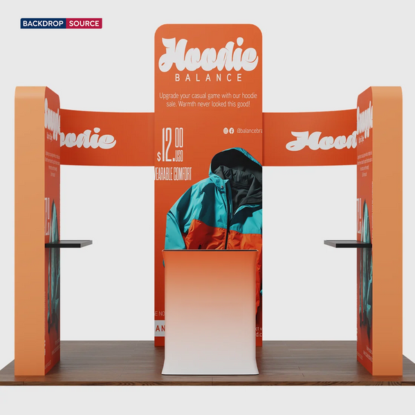 Kit de stand 6x6m avec caissons muraux 3D, panneaux incurvés et comptoir