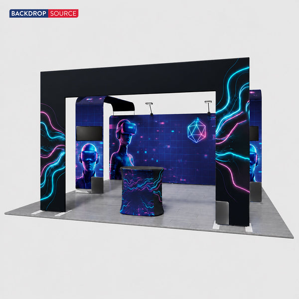 Kit de stand 6x6m avec fond de scène 6m, arche d'entrée & 2 supports TV