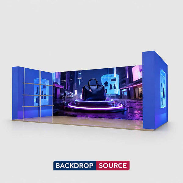 Kit de stand 3D Media Wall 3x6m avec 12 étagères de présentation