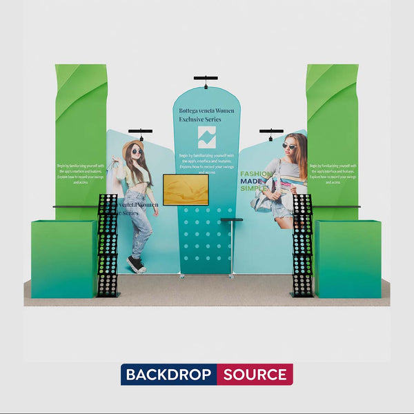Kit de stand 3x6m avec parois inclinées, présentoirs à étagères 3D et 2 comptoirs