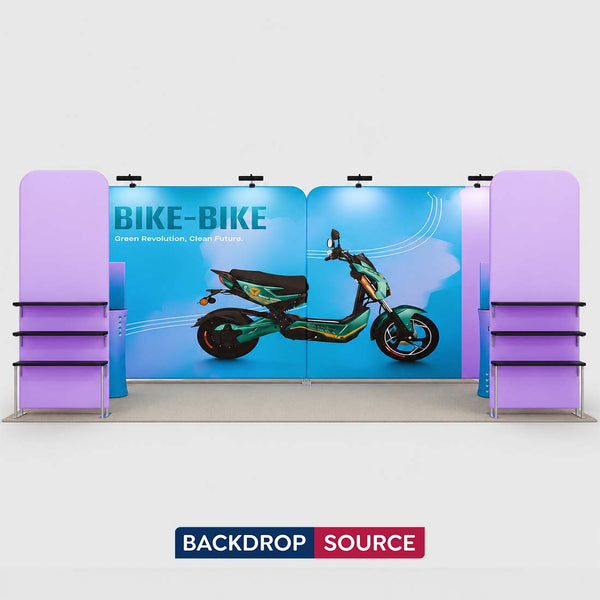 Kit de stand 3x6m avec murs tendus, étagères et 2 comptoirs