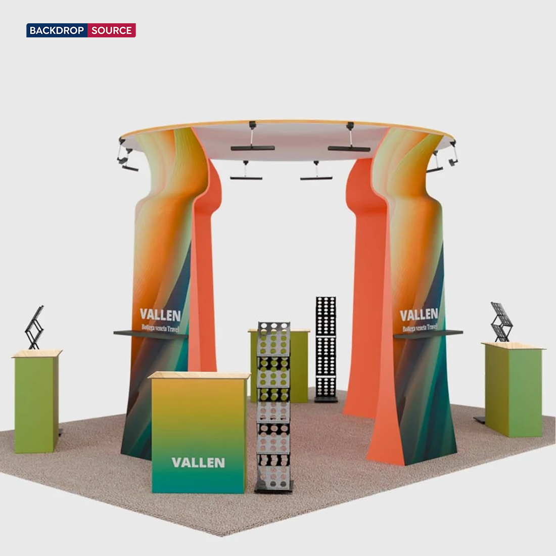 6x6m Island Booth with Round Overhead Ring & Shelf Towers