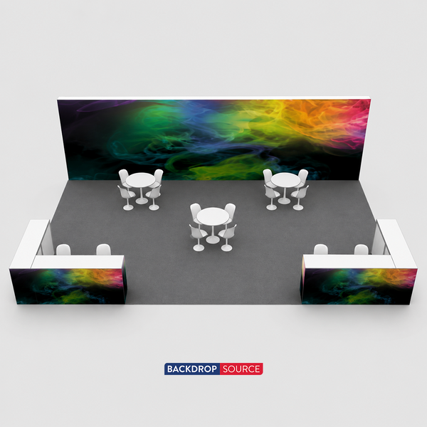 Kit de stand SEG 9x6 m avec mur d'images pleine largeur et 4 comptoirs