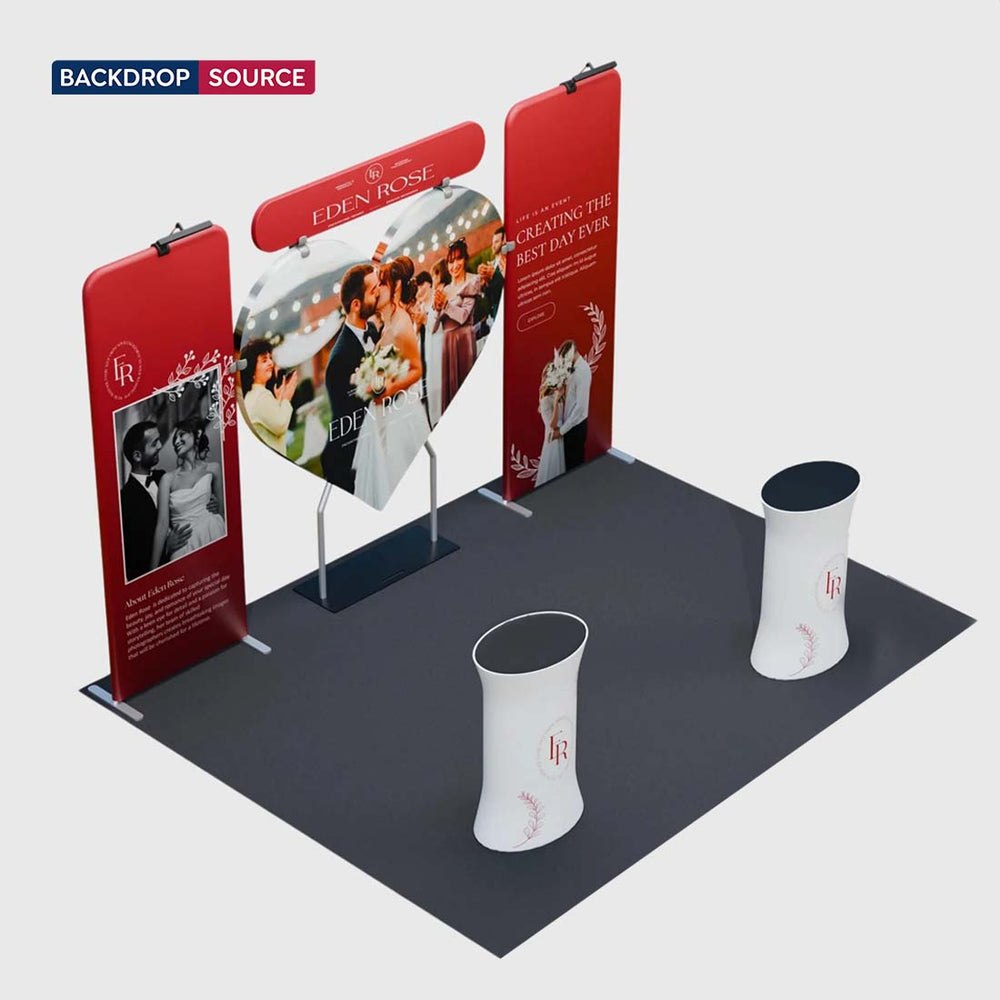 Kit de stand 3x3m avec fond en forme de cœur et 2 comptoirs ovales