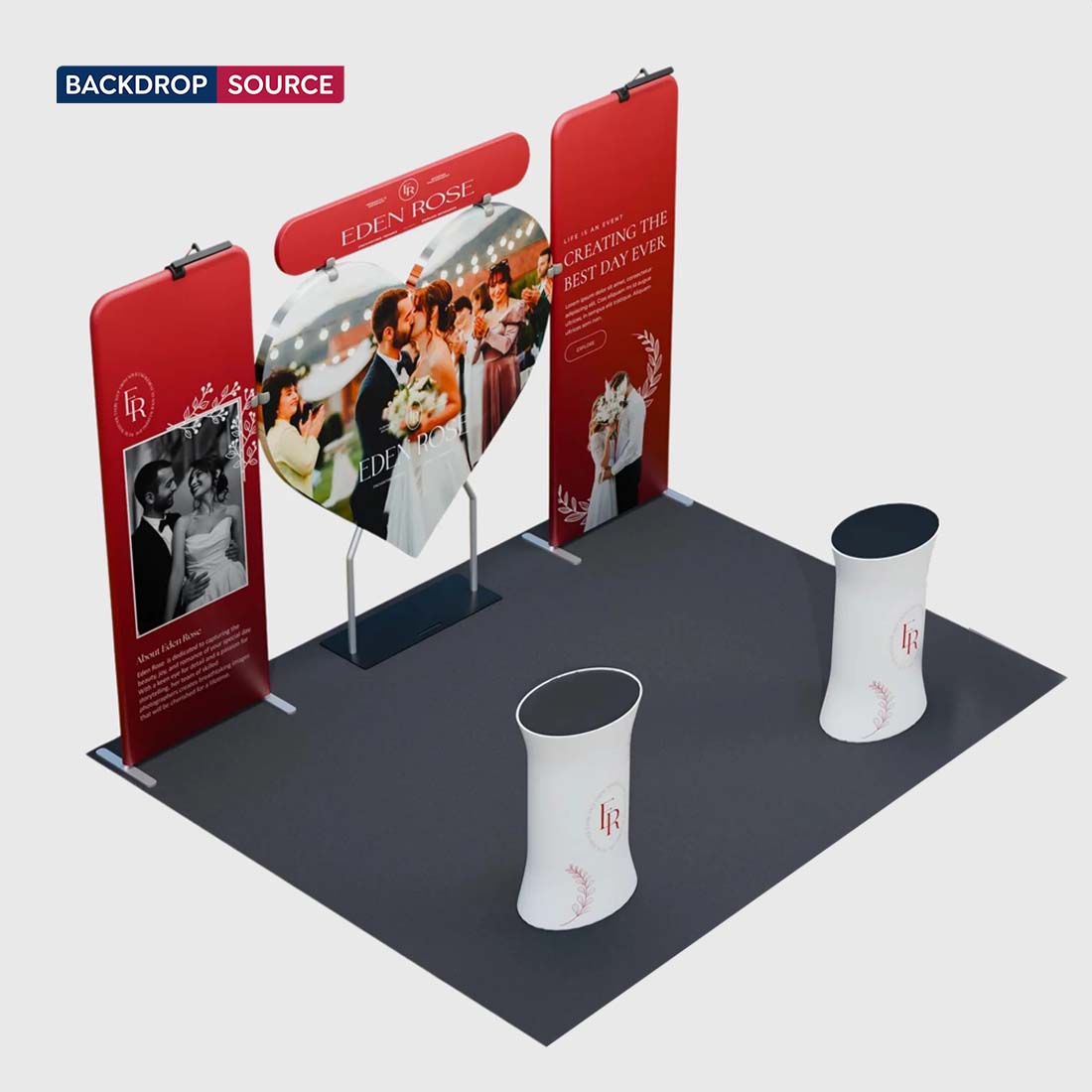 Kit de stand 3x3m avec fond en forme de cœur et 2 comptoirs ovales