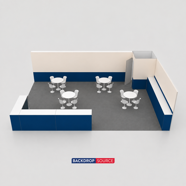 Kit de stand pour mur d'images SEG 9x6m avec espace de rangement verrouillable et comptoir