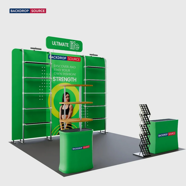 Kit de stand 3x3m avec rayonnages perforés, enseigne haute et 2 comptoirs