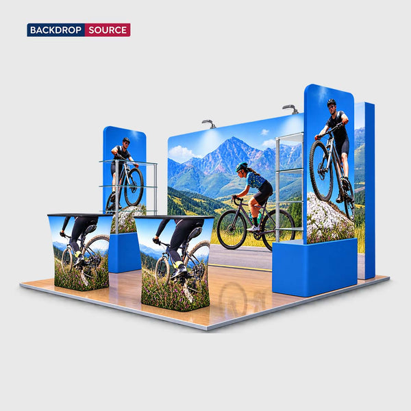 Kit de stand pour mur média 3D 3x3 m avec étagères en acrylique et 4 comptoirs