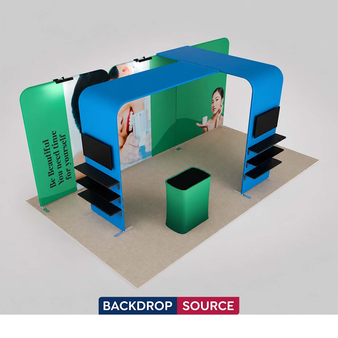 Kit de stand magnétique 3x6 m avec 2 tours présentoirs en L pour TV et comptoir