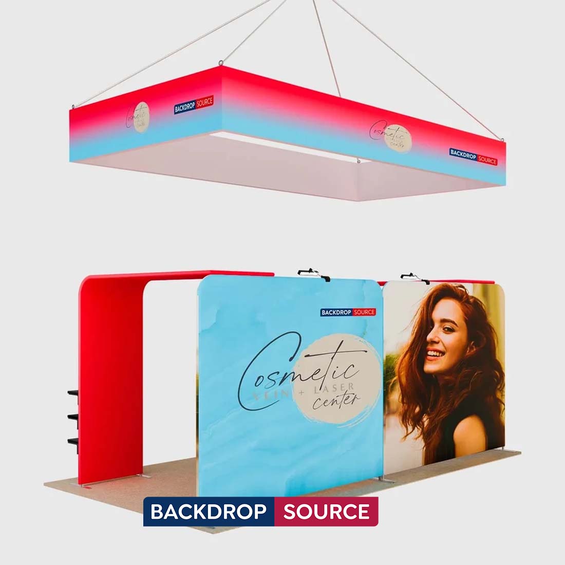 Kit de stand 3x6m avec 2 tours TV en L et bannière suspendue