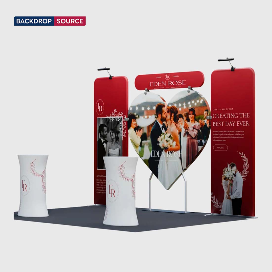 Kit de stand 3x3m avec fond en forme de cœur et 2 comptoirs ovales