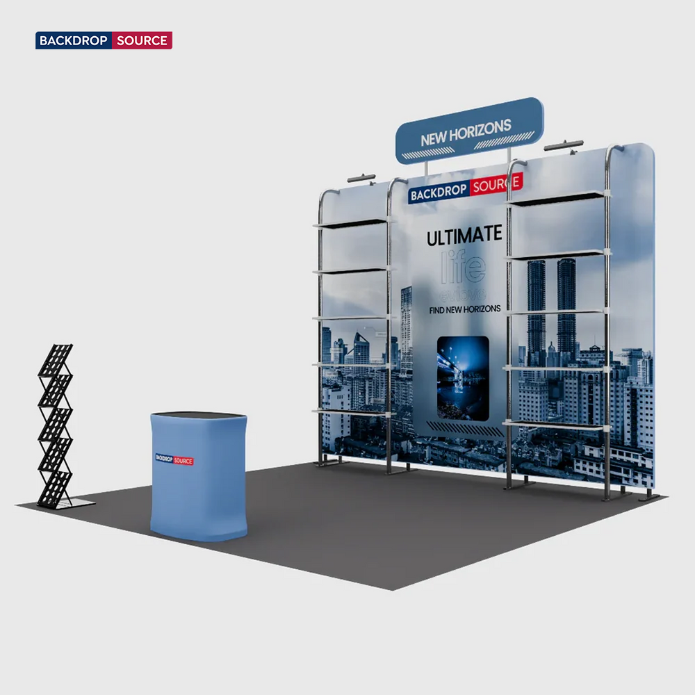 Kit de stand 3x3m avec rayonnage perforé, enseigne et comptoir