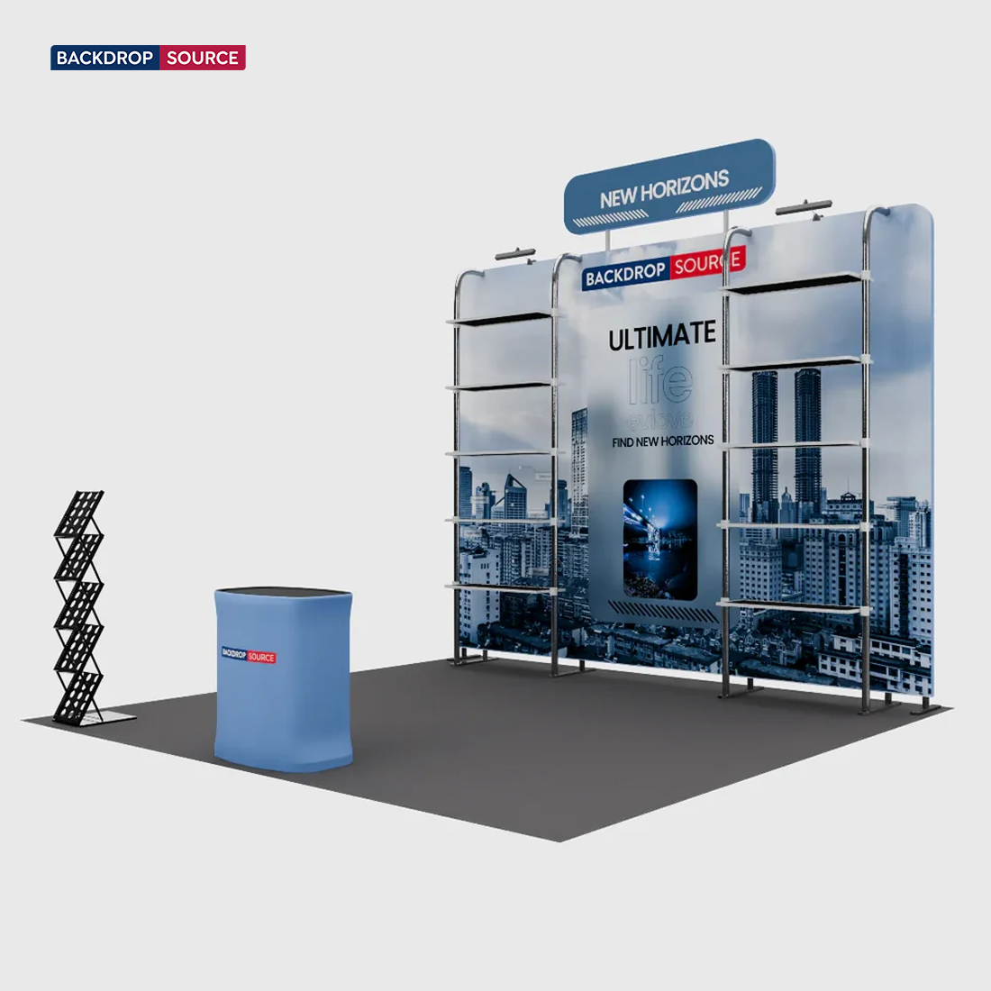 Kit de stand 3x3m avec rayonnage perforé, enseigne et comptoir