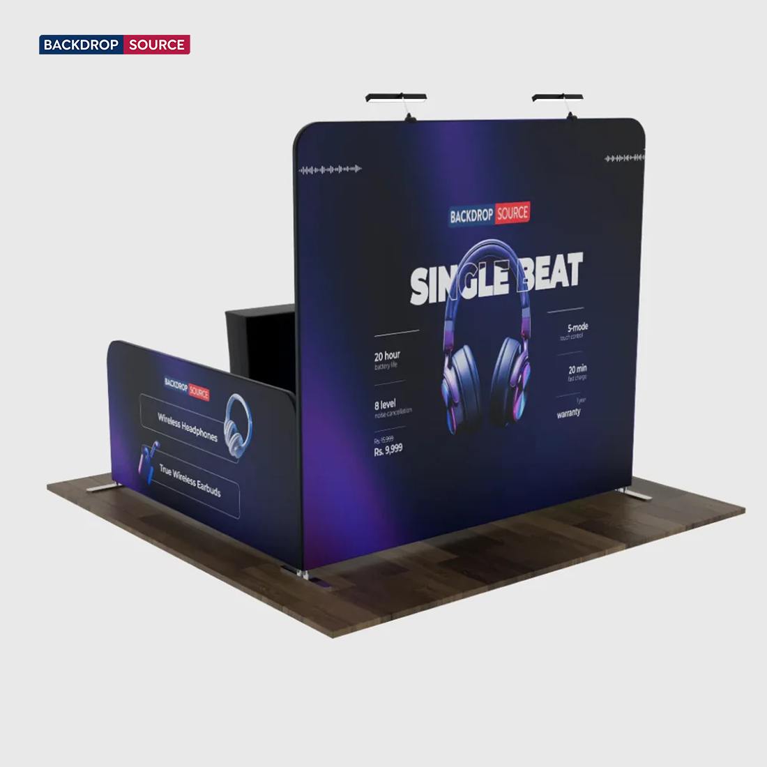 Kit de stand ultime 3m x 3m avec mur de fond, parois latérales, comptoir et éclairage