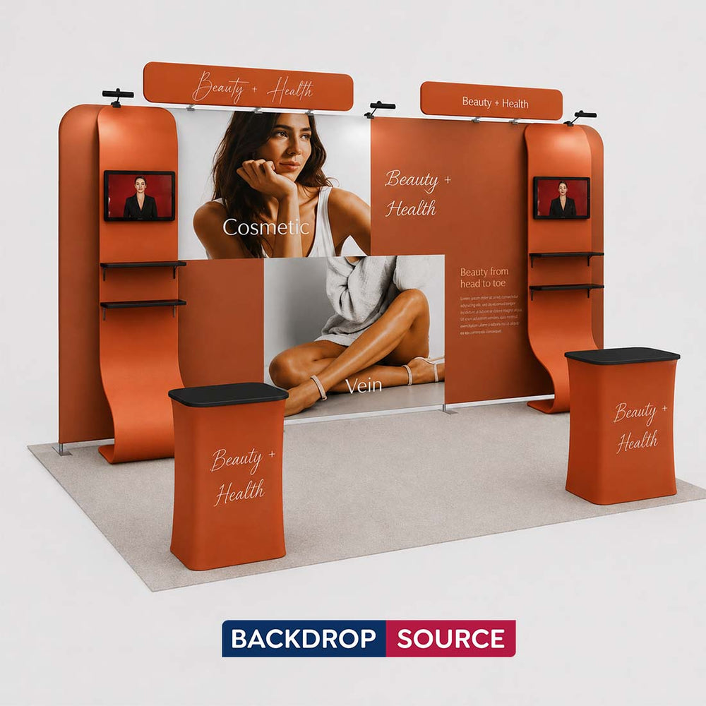 Kit de stand 3x6m avec mur de fond 6m, étagères TV en cascade et comptoirs
