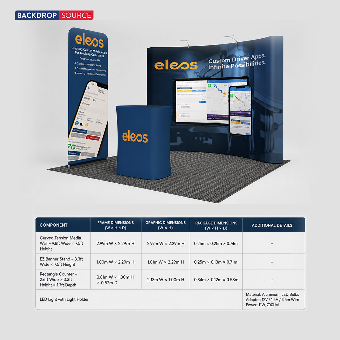 Kit de stand avec mur incurvé 3x3m, kakémono et comptoir