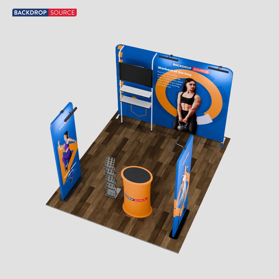 Kit de stand 3x3 m avec mur de fond, 2 bannières, support TV et comptoir ovale