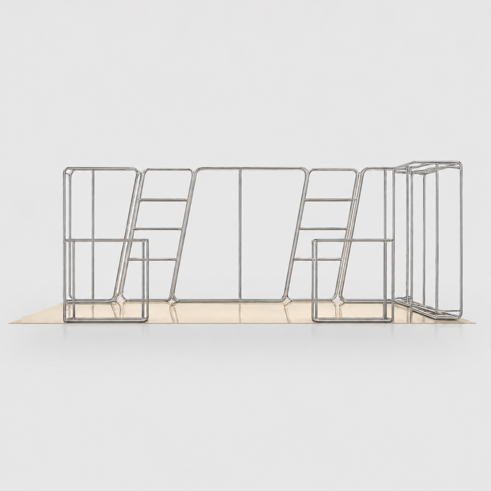 Kit de stand 3D trapézoïdal 3x6m avec étagères et 2 comptoirs