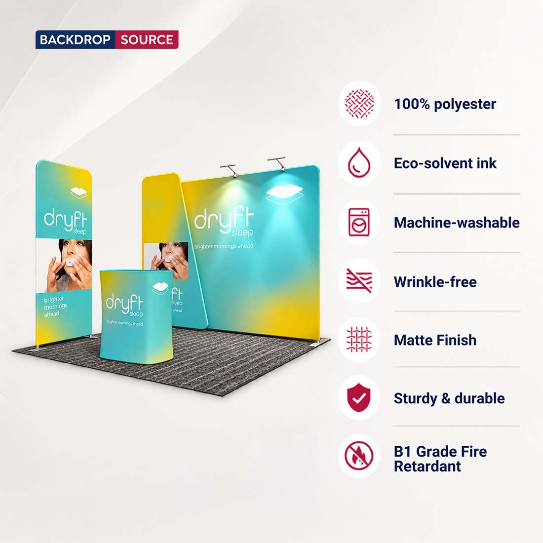 Kit de stand 3x3m avec paroi droite, présentoir en surplomb et bannière
