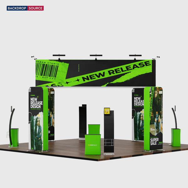 Stand îlot 6x6m avec caissons muraux 3D, 4 comptoirs et supports pour iPad