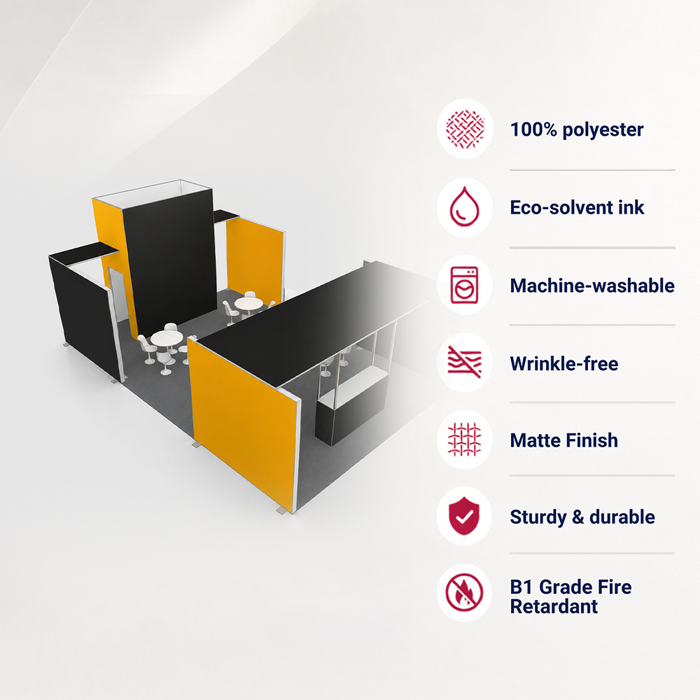Kit de stand SEG 9x6m avec espace de réunion et comptoir-tour verrouillable