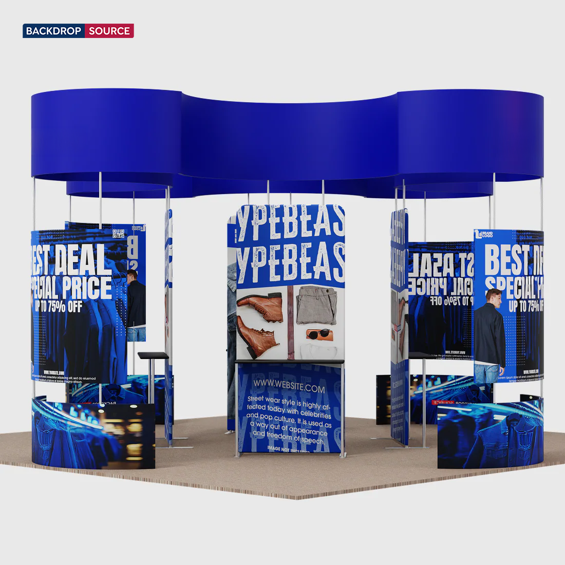 Stand îlot de 6x6 m avec panneaux muraux incurvés et étagères d'exposition