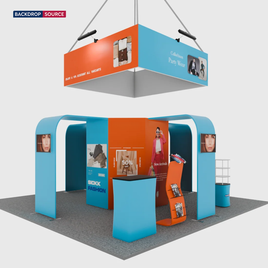 Stand îlot 6x6m avec tour à 8 pans, arches TV et supports iPad