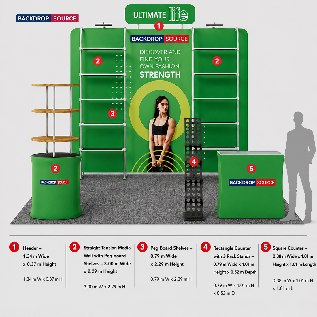 Kit de stand 3x3m avec rayonnages perforés, enseigne haute et 2 comptoirs