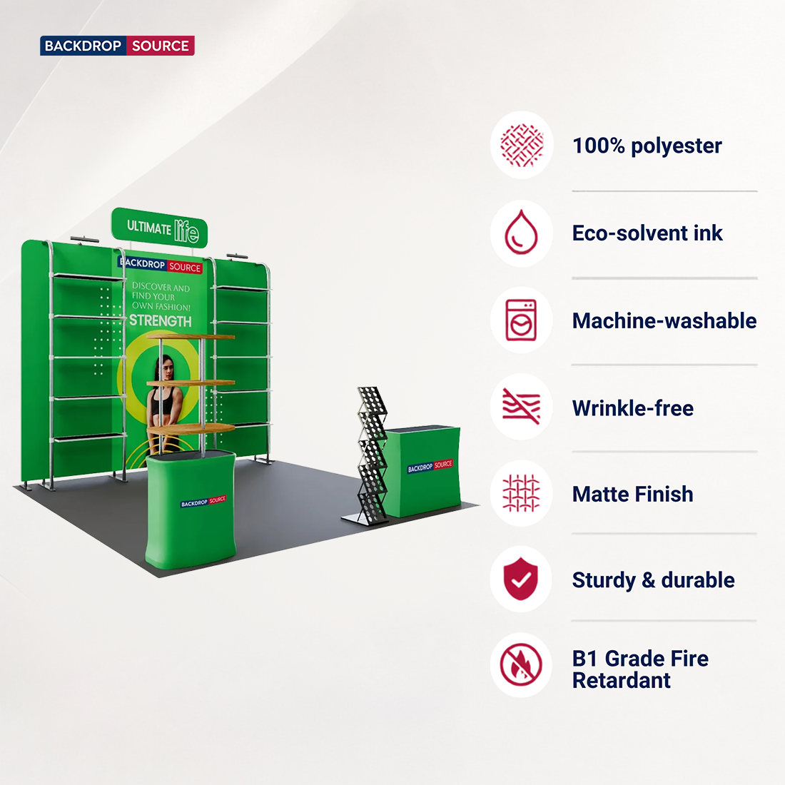 Kit de stand 3x3m avec rayonnages perforés, enseigne haute et 2 comptoirs