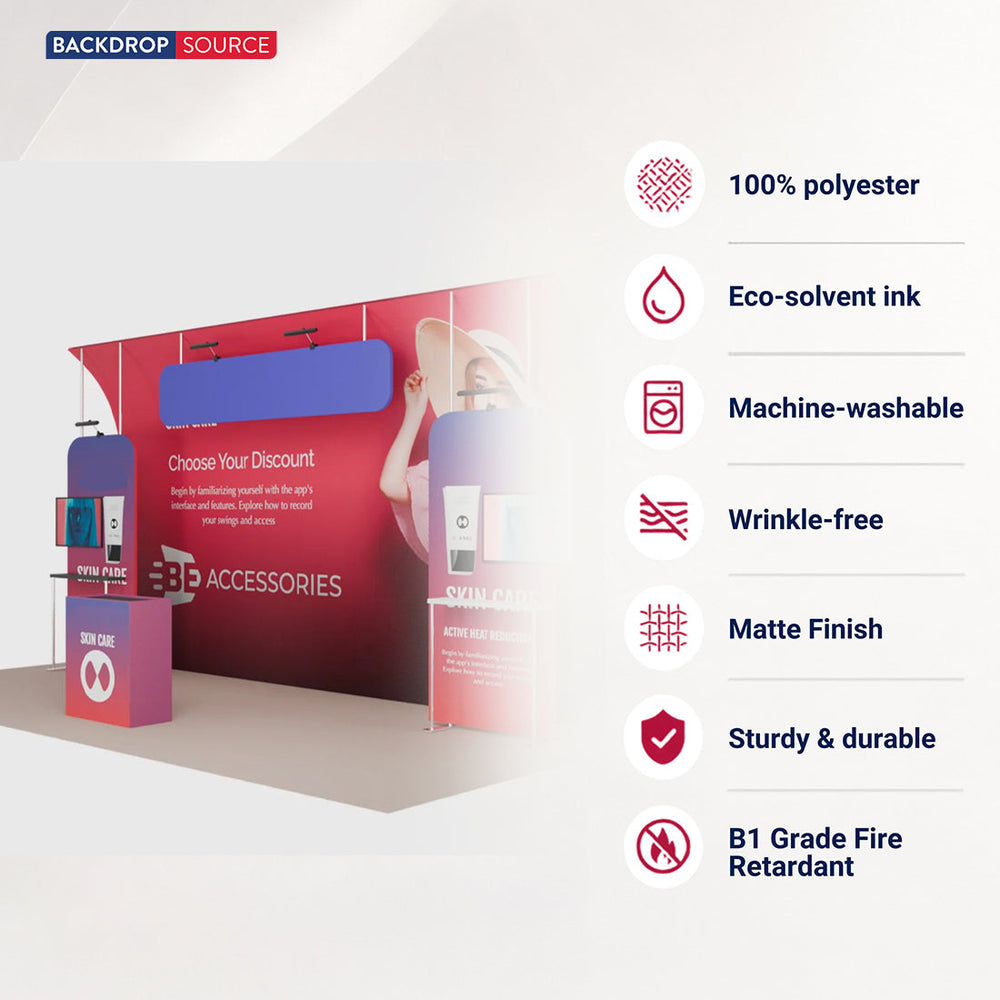 Kit de stand 6x3m avec tours incurvées, étagères et enseigne suspendue