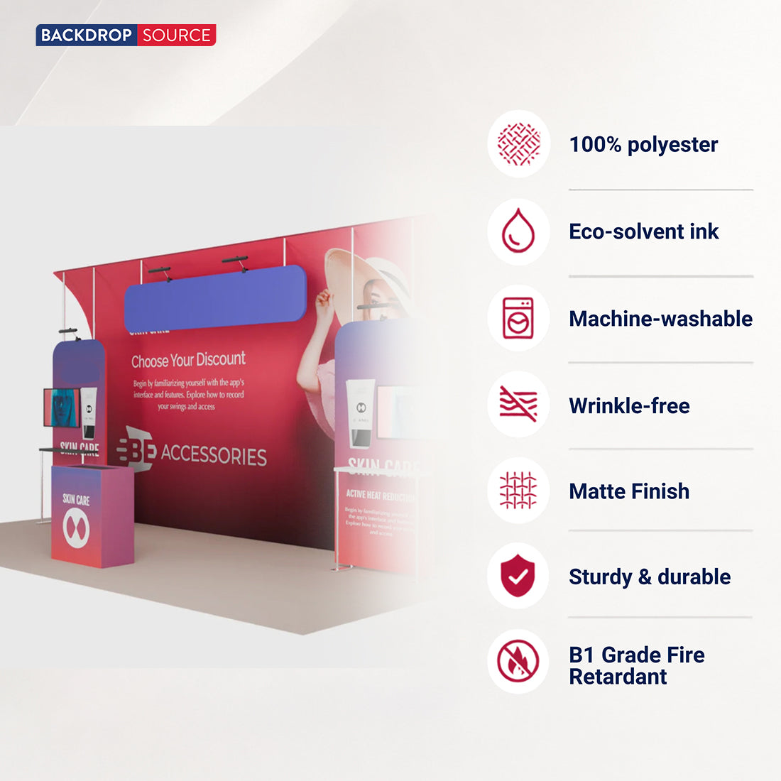 Kit de stand 6x3m avec tours incurvées, étagères et enseigne suspendue